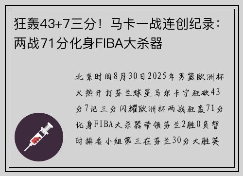 狂轰43+7三分！马卡一战连创纪录：两战71分化身FIBA大杀器